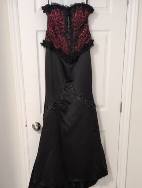 Strapless Black and Red Sequin Corset Evening Dress